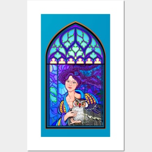 Fairy with owl in gothic window. Posters and Art